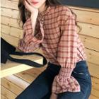 Bell-sleeve Ruffle Check Blouse