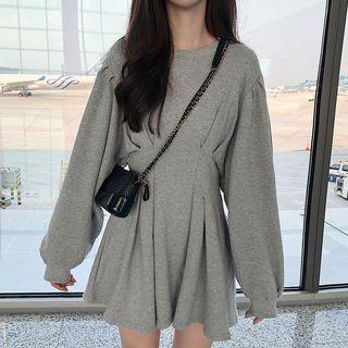 Plain Long-sleeve A-line Mini Dress Gray - One Size