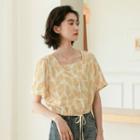 Short-sleeve Leaf Print Blouse Yellow - One Size