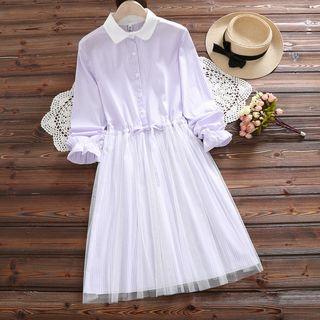 Mock Two-piece Long-sleeve Sheer Panel A-line Dress