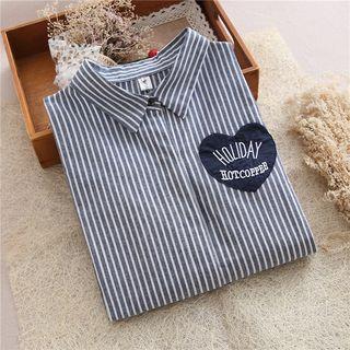 Heart Applique Pinstripe Long-sleeve Blouse
