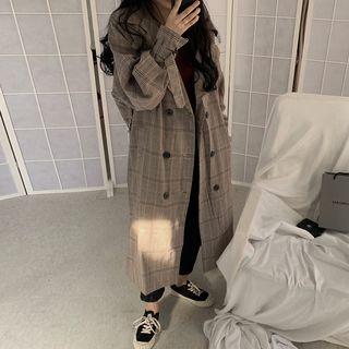 Double-breasted Gingham Long Coat As Shown In Figure - One Size