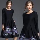 Long-sleeved Floral Embroidered Crewneck Long Sheath Dress