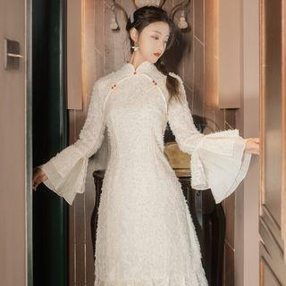 Bell-sleeve Mandarin Collar Fringed Midi A-line Dress