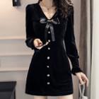Long-sleeve Buttoned Mini A-line Velvet Dress