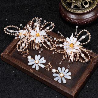 Set: Wedding Flower Head Piece + Earring Set - Gold - One Size