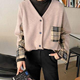 Plus Size V-neck Plaid-panel Cardigan