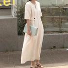 Front-zip Elbow-sleeve Maxi A-line Dress As Shown In Figure - One Size
