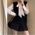 Long-sleeve Bow Accent Blouse / Glitter Vest