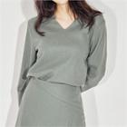 Collared V-neck Wool Blend Top