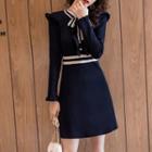 Tie-neck Ruffled A-line Mini Knit Dress Black - One Size