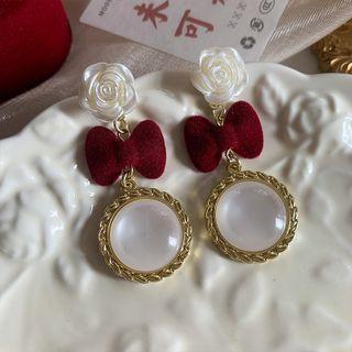 Rose Flocking Bow Faux Cat Eye Stone Dangle Earring