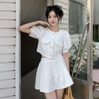 Set: Short-sleeve Plain Blouse + Mini A-line Skirt