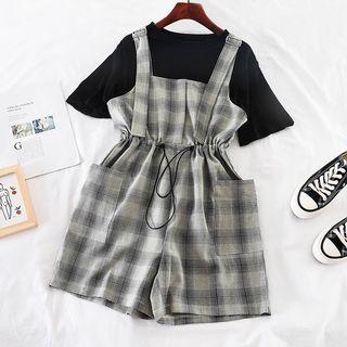 Set: Plain T-shirt + Plaid Playsuit