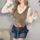 Bell-sleeve Ruffled-trim Paneled Drawstring Ruched Crop Top