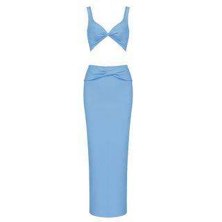 Set: Plain Cropped Camisole Top + Slit Midi Pencil Skirt