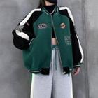 Embroidered Color Block Fleece Baseball Jacket Green - One Size