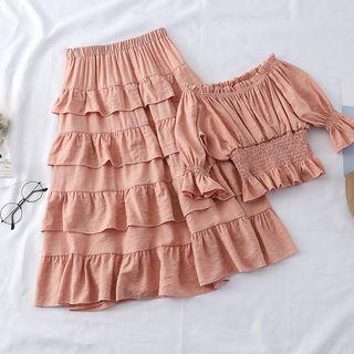 Set: Elbow-sleeve Smocked Top + A-line Midi Skirt