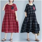 Elbow-sleeve Plaid Midi Tunic Dress