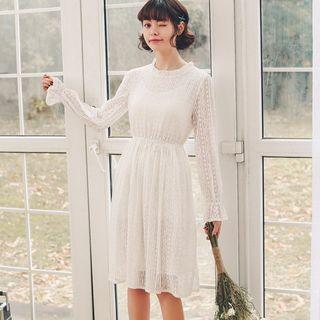 Gathered-waist Bell-sleeve A-line Lace Dress