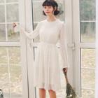 Gathered-waist Bell-sleeve A-line Lace Dress