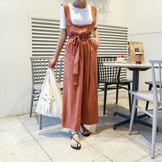 Buttoned Linen Blend Jumper Pants With Sash