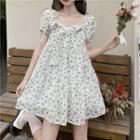 Short-sleeve Square-neck Floral Printed Mini Dress