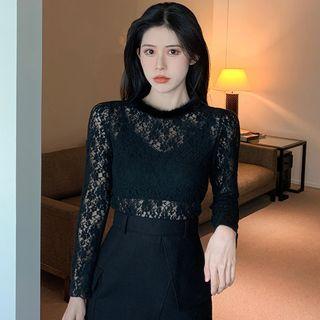 Furry Collar Panel Lace Plain Top