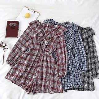 Color-block Plaid V-neck Ruffled-trim Jumpsuit
