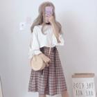 Lace Panel Chiffon Blouse / Plaid A-line Skirt