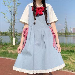 Short-sleeve Mock Two-piece Midi A-line Dress Denim Blue - One Size