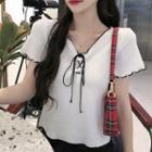 Short-sleeve Lace-up Frill Trim T-shirt