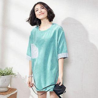 Elbow-sleeve Paneled Corduroy Dress