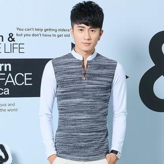Melange Two-tone Stand Collar Long-sleeve T-shirt