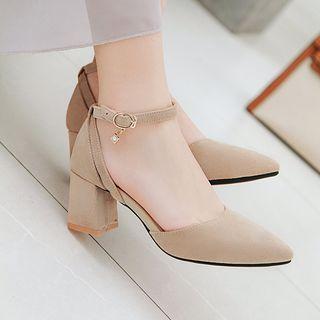 Faux Suede Pointy Toe Block Heel Pumps