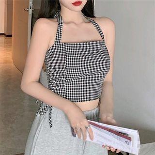 Long-sleeve Cardigan / Halter Plaid Top