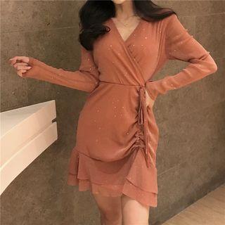 Long-sleeve Glitter Mini Wrap Dress