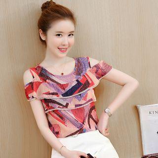 Printed Cold Shoulder Short-sleeve Top