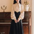 Set: Bishop-sleeve Collared Blouse + Midi A-line Skirt