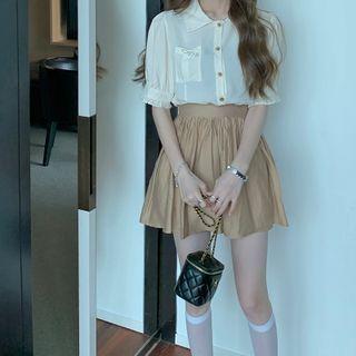 Short-sleeve Ruffle Trim Shirt / Shirred A-line Skirt