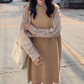 Plaid Shirt / Sleeveless Sweater Dress