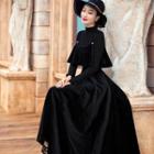 Set: Mock-neck Long-sleeve Knit Top + Spaghetti Strap Midi A-line Dress