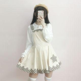 Gingham Panel Jumper Dress / Frilled Blouse