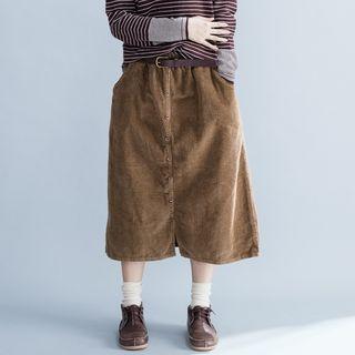 Buttoned Corduroy Midi A-line Skirt