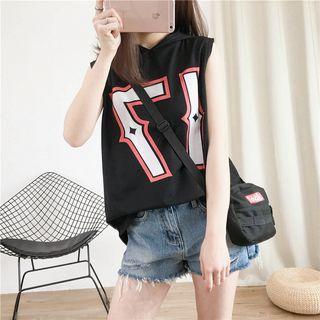 Sleeveless Hooded Printed T-shirt As Shown In Figure - One Size
