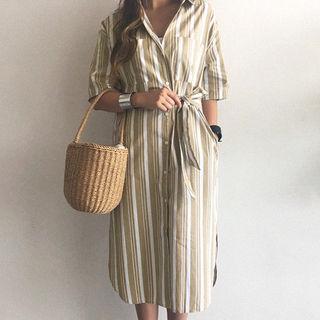 Elbow-sleeve Stripe Midi Shirtdress
