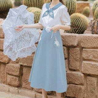 Set: Short-sleeve Embroidered Shirt + Midi Skirt