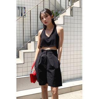 Halter Ribbed-panel Crop Top
