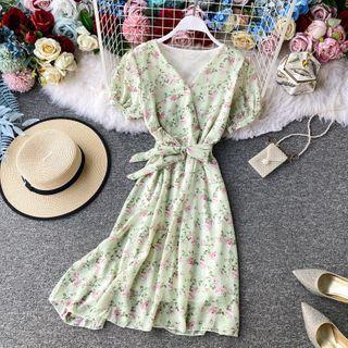 Tie-waist V-neck Printed Chiffon Dress