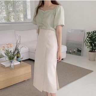 Set: Puff-sleeve Shirred Blouse + Midi A-line Skirt